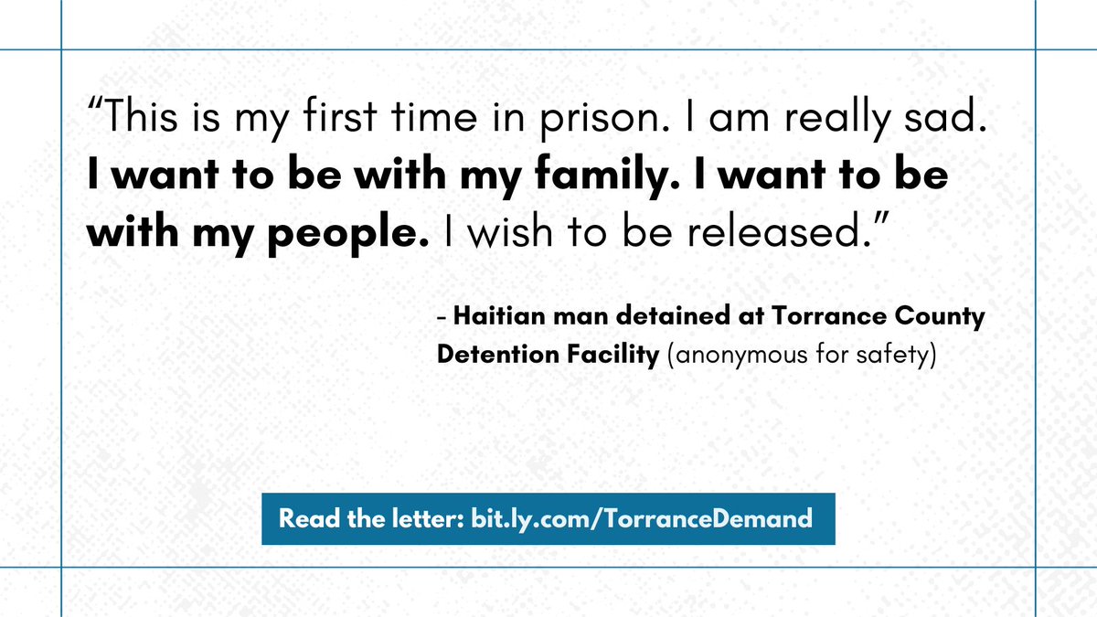 We demand a halt to all deportations of Haitians detained at Torrance County Detention Facility who continue to be denied access to legal support!

Read the demand letter here: bit.ly/TorranceDemand 

#StopHaitianDeportations #FreeThemAll