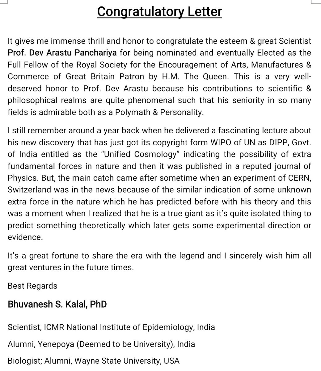 dockalal's tweet photo. @DevArastu @theRSAorg @RSAEvents Congratulations to great Scientist Prof. Dev Arastu Panchariya being Elected for the Royal Charter. Here is my congratulatory letter in his honor. #RoyalhonortoDevArastu @DevArastu https://t.co/I1EyzIjabi