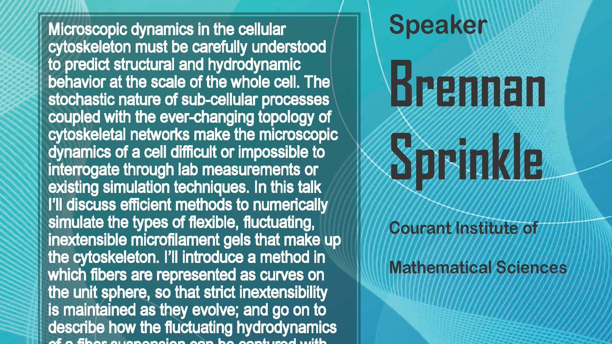 NJIT Math Department (@njit_math) on Twitter photo Join us today at 2:30pm in CULM 611 for our Fluids and Waves seminar. Professor Brennan Sprinkle of the Courant Institute will be speaking on "Towards a Continuum Method for Fluctuating Fiber Suspensions"
Hope to see you there!
<a href="/CSLANJIT/">Jordan Hu College of Science & Liberal Arts</a> Join us today at 2:30pm in CULM 611 for our Fluids and Waves seminar. Professor Brennan Sprinkle of the Courant Institute will be speaking on "Towards a Continuum Method for Fluctuating Fiber Suspensions"
Hope to see you there!
<a href="/CSLANJIT/">Jordan Hu College of Science & Liberal Arts</a>