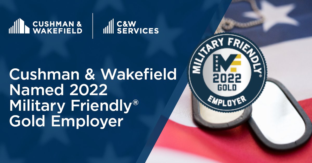 CushWakeUS's tweet photo. Cushman &amp; Wakefield is honored to be recognized as a 2022 Military Friendly Gold employer for the fourth consecutive year. Read more >> https://t.co/xVC5AD7KKf #CWvets https://t.co/xwE5tOzk8M
