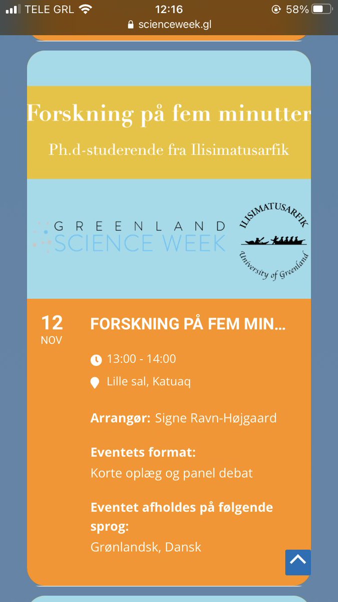 2 events are canceled today at <a href="/katuaq/">martha akatsiak</a>: “Forskning på 5 minutter” at 14.00-15.00 and the Pitch Show. “Forskning på 5 minutter” is happening today at 13.00 - 14.00! 🙌👨‍🎓 #greenlandscienceweek #gsw2021