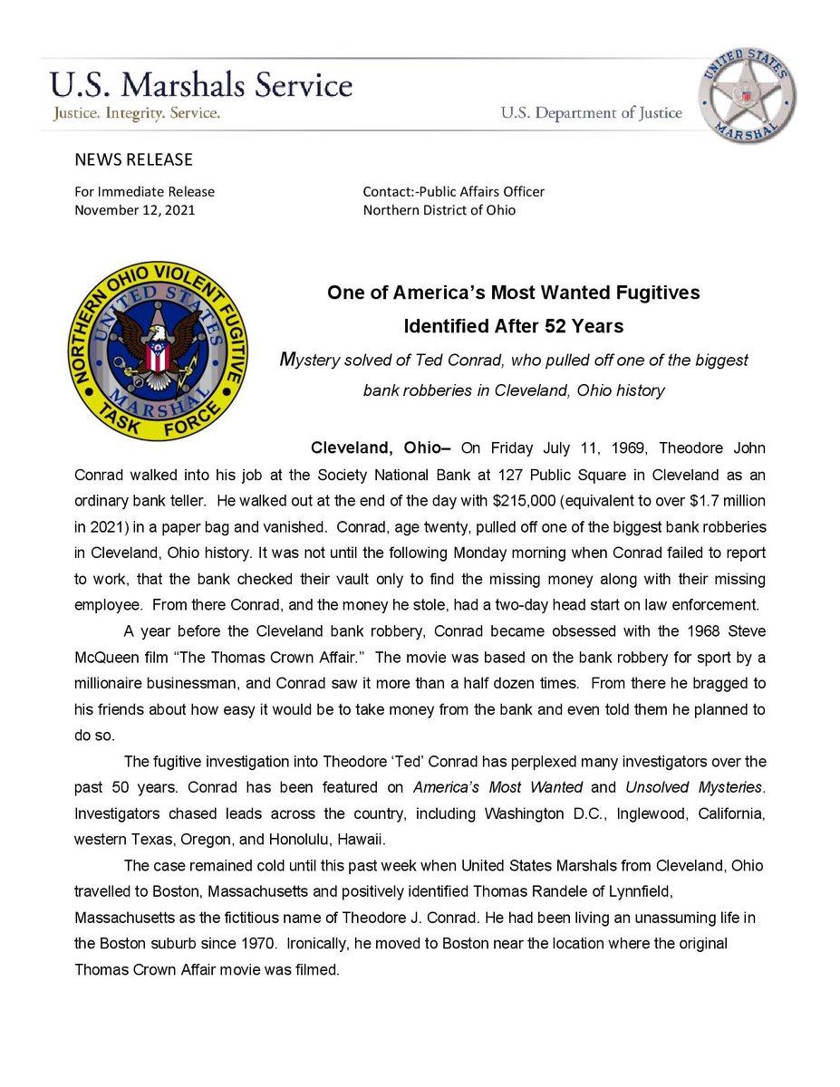 USMarshalsHQ's tweet photo. One of America’s Most Wanted Fugitives Identified After 52 Years. Mystery solved of Ted Conrad, who pulled off one of the biggest bank robberies in Cleveland, Ohio history. https://t.co/Jg4cbDmkfH
