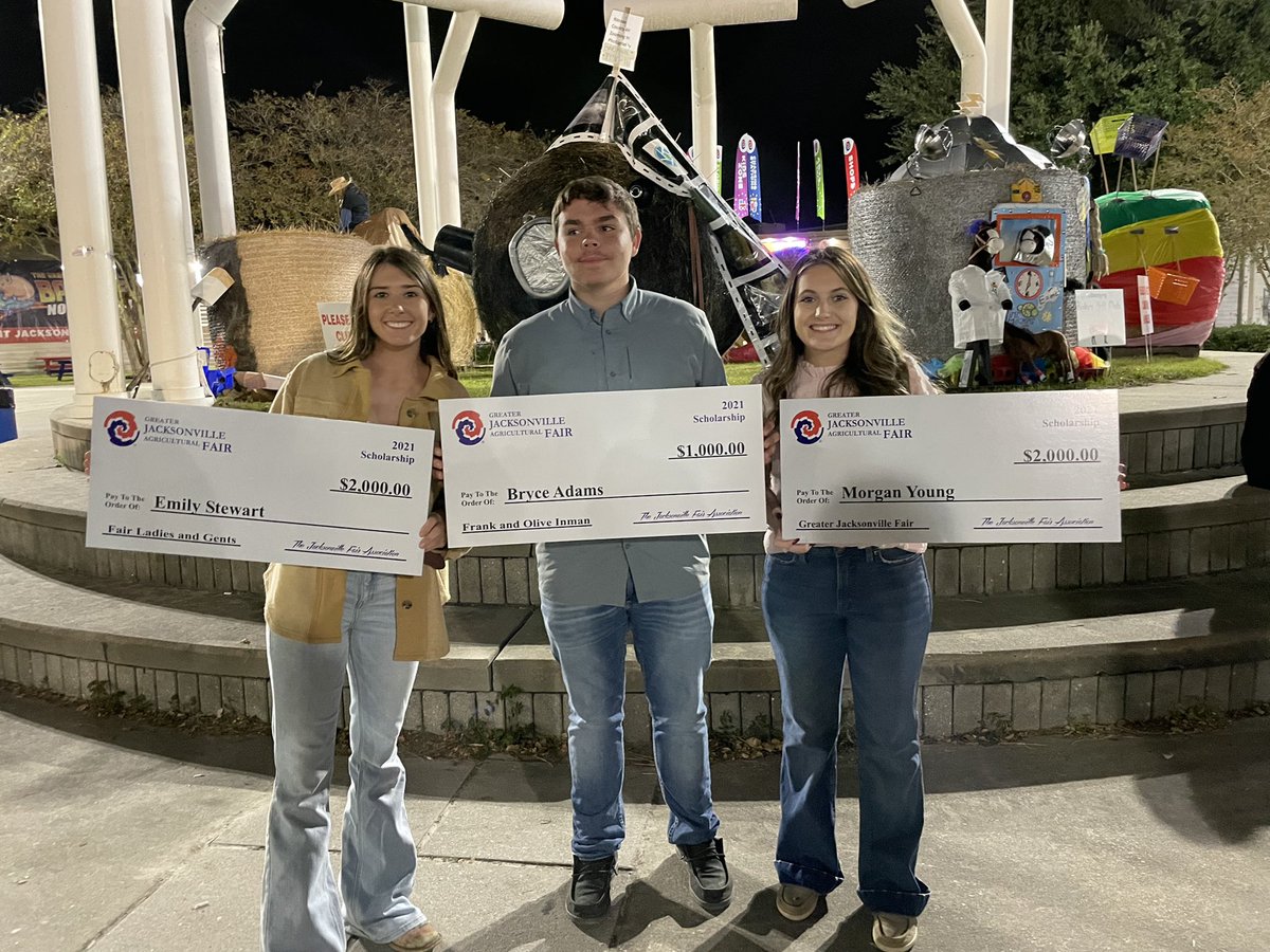 Congratulations to current and former <a href="/oneclayschools/">Clay County District Schools</a> Students for earning 7 of the 11 <a href="/jaxfair/">Jacksonville Fairgrounds</a> scholarships 
<a href="/MHS_HorsePower/">Middleburg High School</a> - Bryce Adams, Emily Stewart, Morgan Young 
<a href="/KHHSIndians/">Keystone Heights Jr./Sr. High</a> - Tyler Shaw, Blake Kendrick 
@OakleafHigh - Alydia Herring
<a href="/RHS_PantherRoar/">Ridgeview High School</a> - Alexandria Crotts