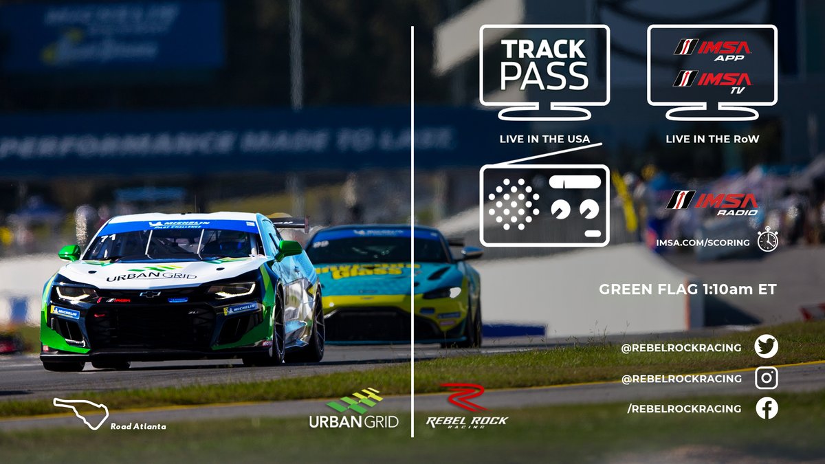 The GREEN FLAG drops at 1:10pm ET at @RoadAtlanta.

🇺🇸 @_TrackPass on @NBCSportsGold  
🌐 imsa.tv with @IMSARadio 
📱 player.radiolemans.co

Whichever way you chose to follow the #71 @Urban_Grid @TeamChevy Camaro GT4.R, don't miss it!

#IMSA / #FoxFactory120