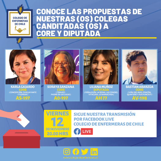 colegioenfermer's tweet photo. ¡Hoy!
Ven  a conocer las propuestas de nuestr@s coleg@s candidat@s a CORE y Diputada. 
📌  Viernes 12 de noviembre.
📌  20.00 horas.
📌  Por la plataforma Facebook Live del Colegio de Enfermeras de Chile.
🧑🏻‍💻👩🏽‍💻 Sigue la transmisión aquí.
https://t.co/puHBiAMRmn https://t.co/PBt1X4bsIR