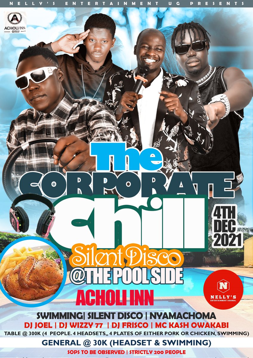 Spraggapromo's tweet photo. The SilentDisco Corporate Chill At The Pool Side is Happening Right at @AcholiInnHotel On 4th December Ftring #DjJoel, #DjWizzy &amp; @DeejayFriscoUG1 @DJ_Frisco_UG 

Hosted By @OwakabiKash @Charles85579227 https://t.co/H3x2l7IuIc