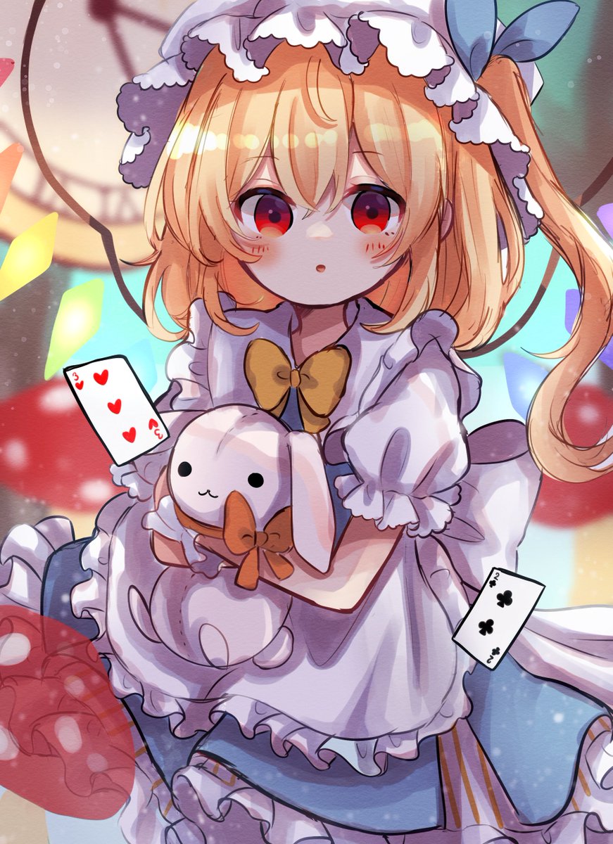 flandre scarlet 1girl hat blonde hair solo red eyes mob cap wings  illustration images