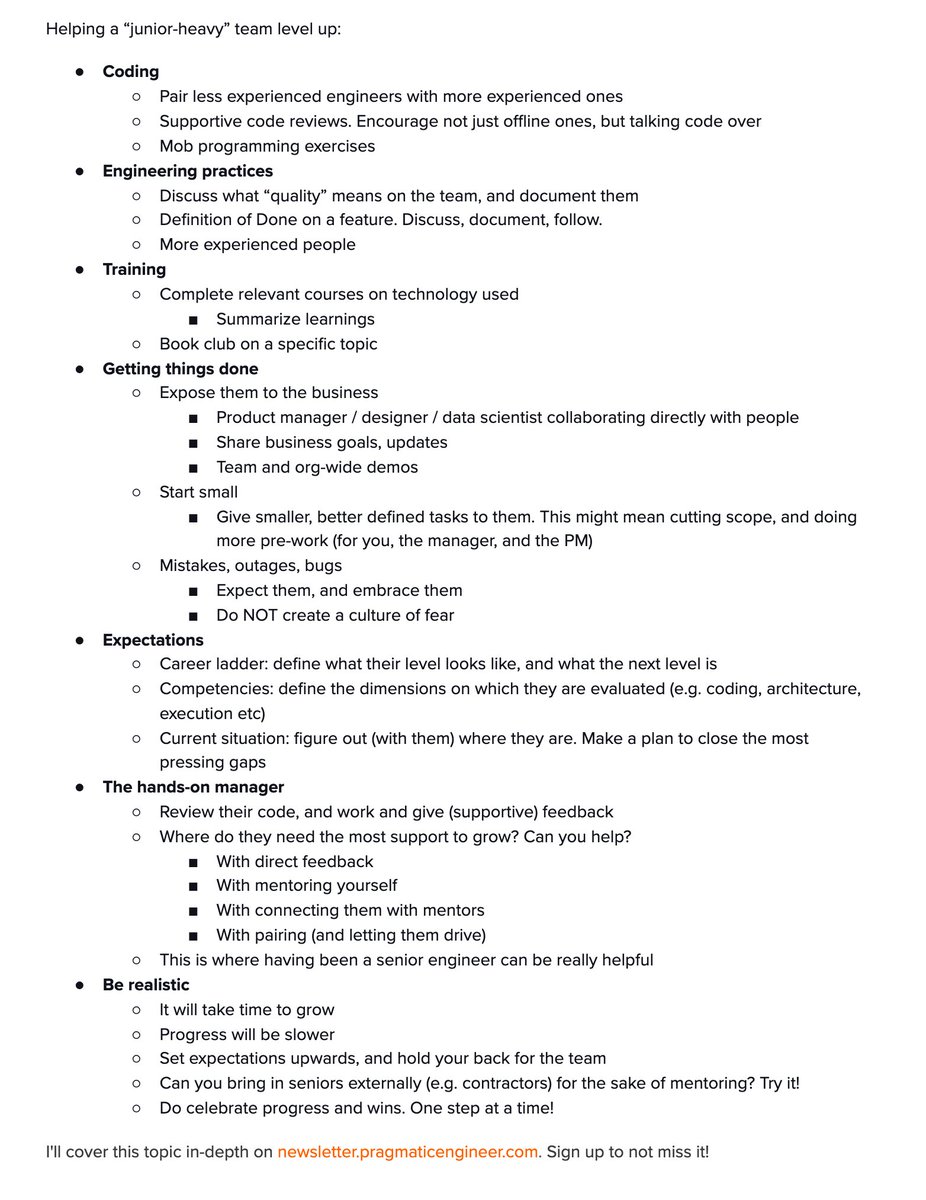 GergelyOrosz's tweet photo. "I have inherited a junior-heavy engineer team. This means that most of my engineers have little experience. How can I level up the team?"

A tough question with no "fast" solution. But here are some of my thoughts.

As a manager, or an engineer, what have you seen work well? https://t.co/n40EkwSSP9
