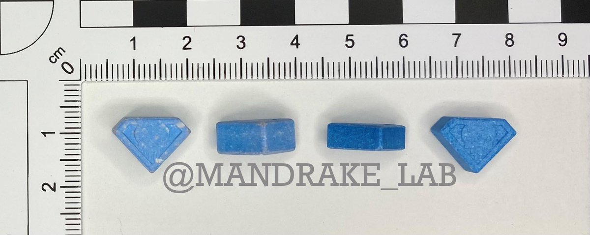 WARNING! 12/11/2021. Multiple Blue “Punisher” embossed “thicker” tablets (LHS) confirmed by <a href="/MANDRAKE_LAB/">MANDRAKE</a>, to contain #MDMA (397 - 477 mg/tab) = to 4-5x the common oral dose. Even ½ of these pills is v. high dose. High dose will not increase effect but increases risk of death.