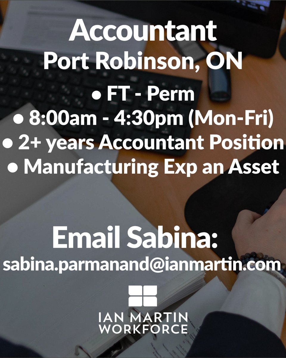 raiseworkforce's tweet photo. #NowHiring #Accountant needed in #Port #Robinson, Ontario.

As an #Accountant you will be responsible for #accountspayable, #accountsreceivables, #dailycash #management, #bank #reconciliation, and other #generalaccounting duties.

https://t.co/FqzT3gKJga https://t.co/J3IJfrkB5l