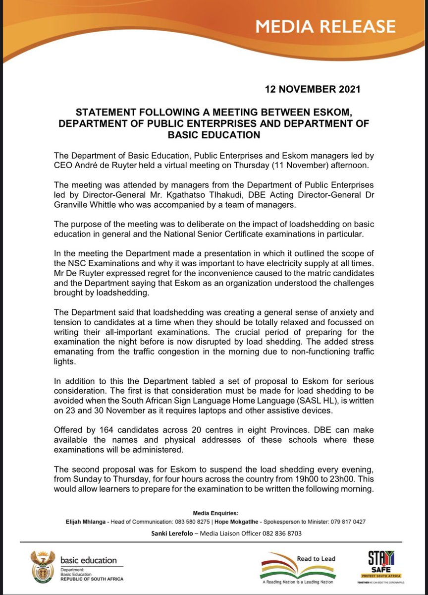 DBE_SA's tweet photo. [MEDIA STATEMENT] The Department met with Eskom on Thursday to discuss the impact #Loadshedding has on the administration of examinations 

@ElijahMhlanga @ReginahMhaule @HubertMweli https://t.co/yAbFNwepFA
