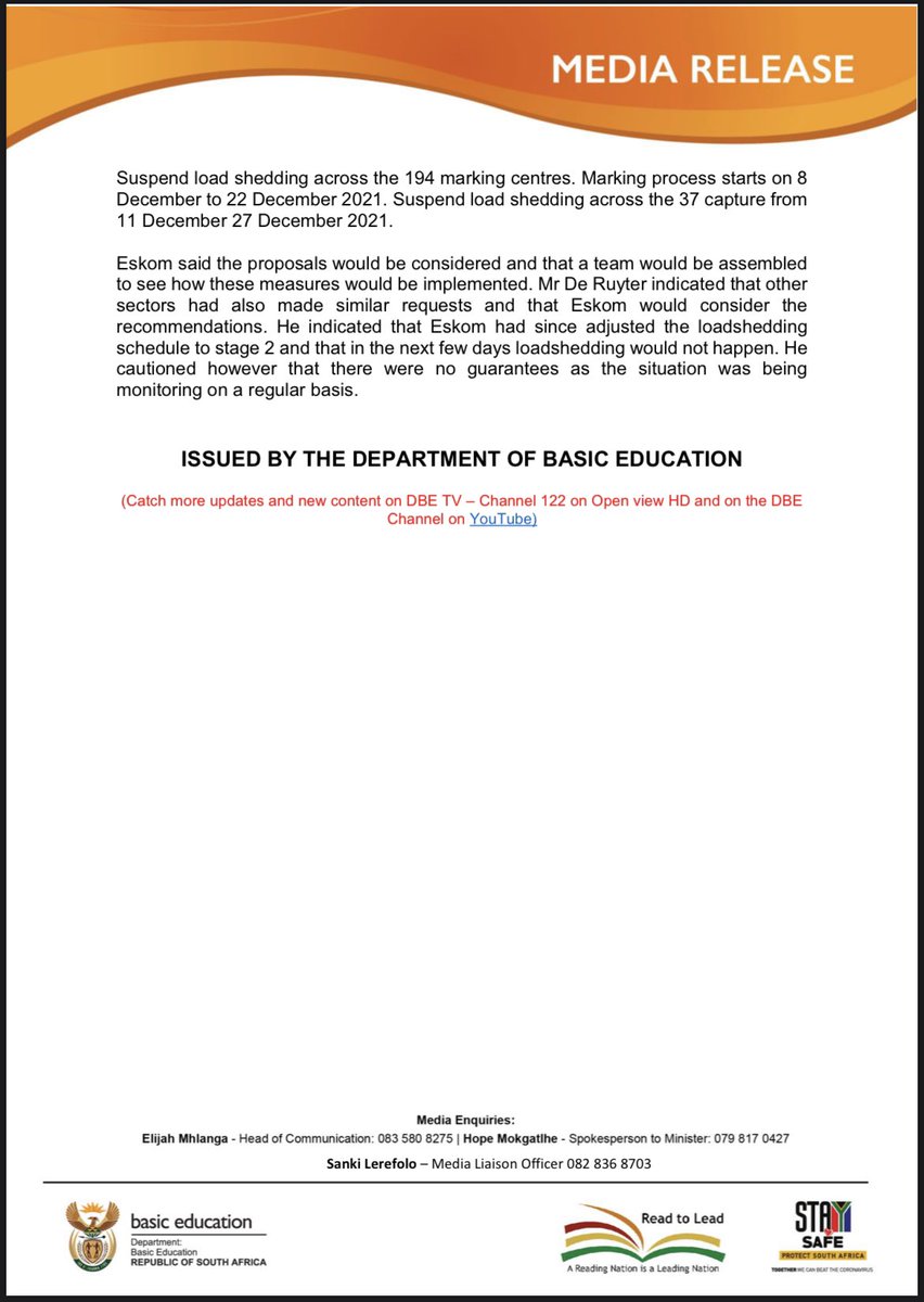 DBE_SA's tweet photo. [MEDIA STATEMENT] The Department met with Eskom on Thursday to discuss the impact #Loadshedding has on the administration of examinations 

@ElijahMhlanga @ReginahMhaule @HubertMweli https://t.co/yAbFNwepFA