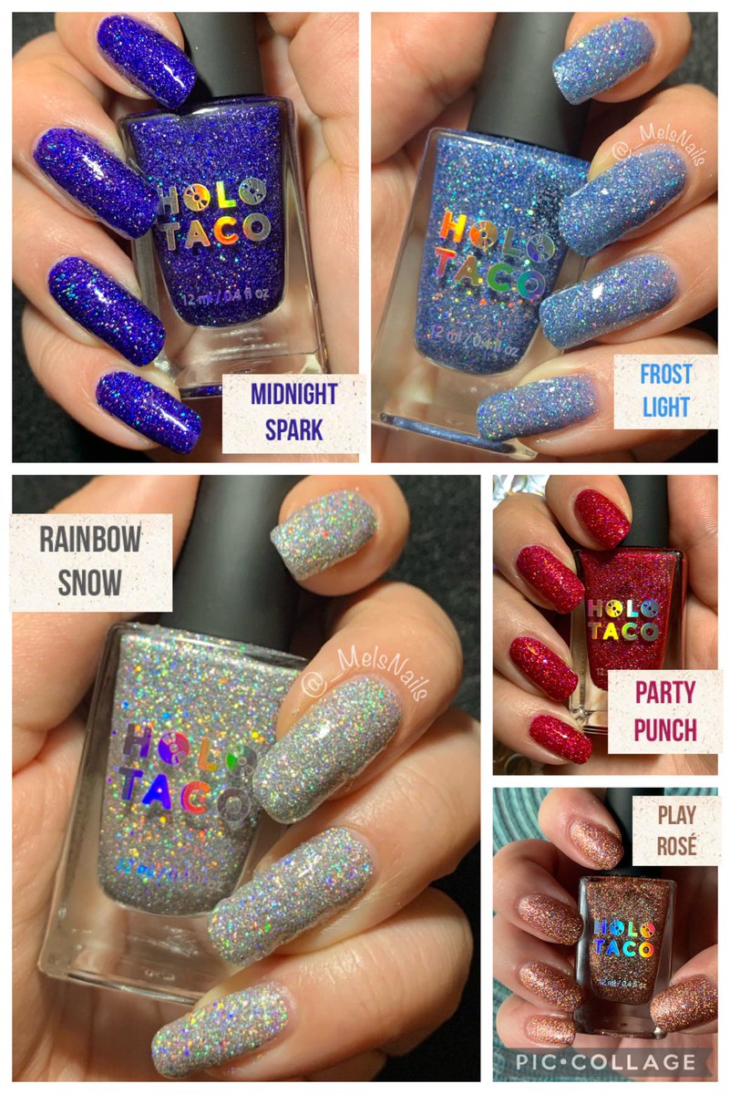 _MelsNails's tweet photo. The 2019 Holoday collection! Love this collection and I’m sure I’ll love the new Christmas launch coming out this weekend! @nailogical @holotaco #MidnightSpark #FrostLight #RainbowSnow #PartyPunch #PlayRose #holotaco https://t.co/8IauAxuo9D