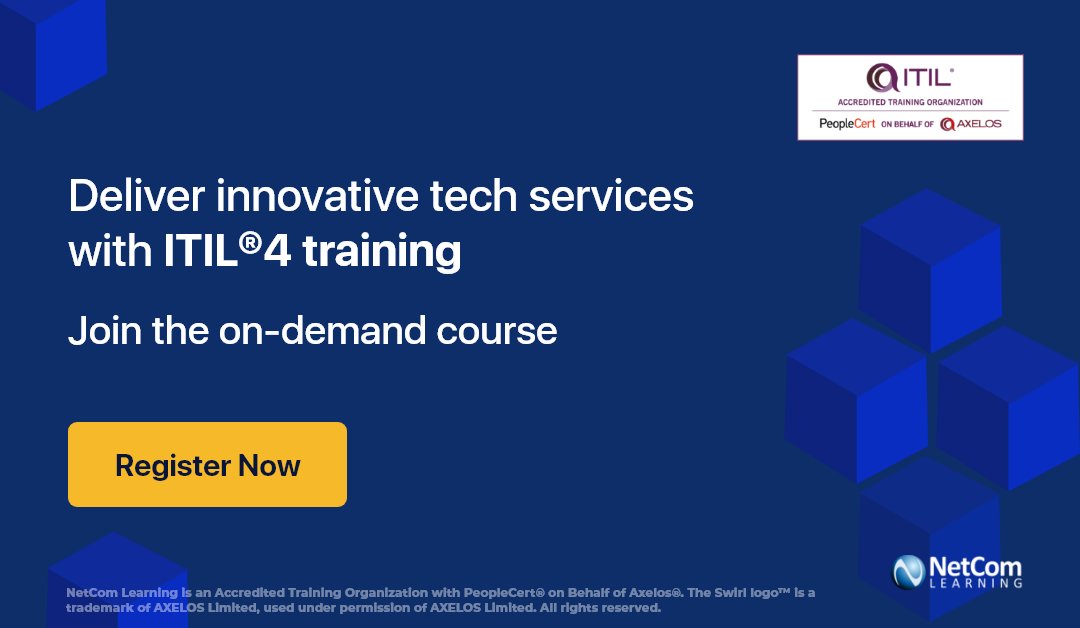 NetComLearning's tweet photo. Upskill your team to improve the quality of your IT-enabled services. Join the ITIL®4 on-demand course and help your team learn the tools and best practices. Register now: https://t.co/Leg5blkQnf
#ITILTraining #ITServices #FreeITILCourse #NetComLearning #LifeLongLearning https://t.co/uAOyclSWhV