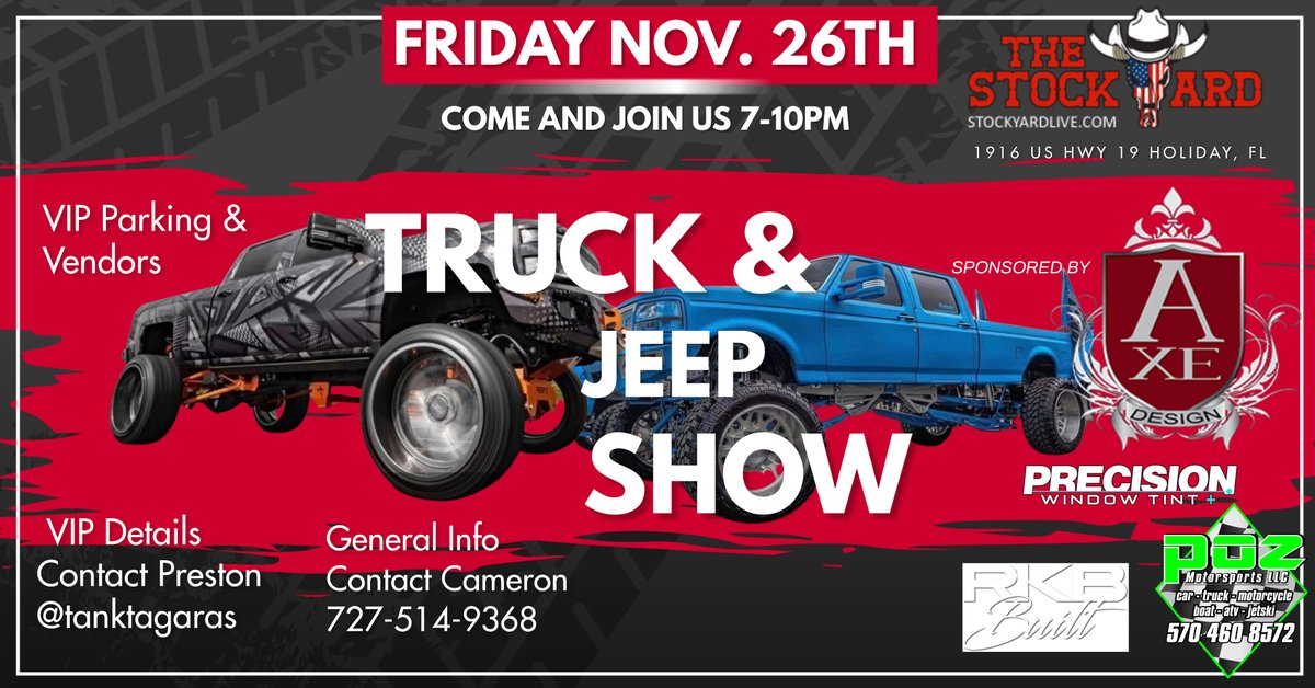 Stockyardlive's tweet image. Today is the day! The the biggest and baddest tracks around are going to be at The Stockyard!  Come and join us at 7pm! #truck #truckshow #jeep #jeepshow #tampa #holiday
