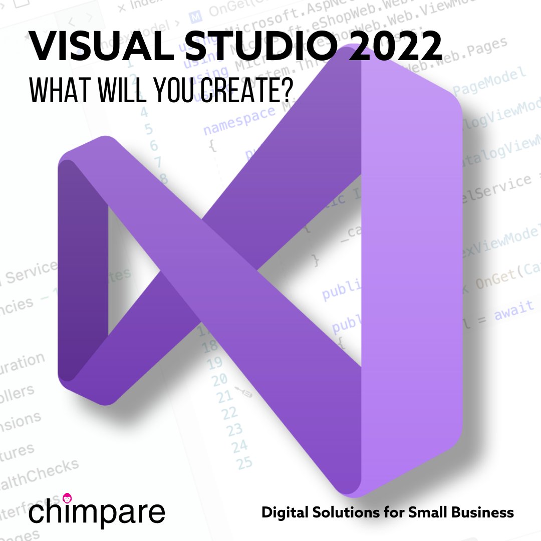 ChimpareL's tweet photo. Microsoft’s new Visual Studio 2022 studio is making waves amongst developers, making it quicker and easier to develop Apps for both Windows &amp; Mac, websites, and cloud-based applications with Azure. What will you create next? #chimpare #mobileapps #appsforsmallbusiness #windows https://t.co/dOlRys36eF