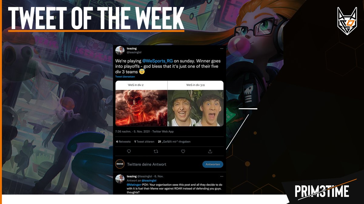 PRIMETIME_PRM's tweet photo. Unser Tweet of the Week in Woche 6 ging an @teazinglol! 🎉 Er sorgte mit diversen Memes für Stimmung vor dem Entscheidungsmatch gegen @WeSports_RG in Div 3.11. So viel Einsatz sollte belohnt werden, deshalb haben wir ihn ausgezeichnet🤠🥩

#PRIM3TIME sagt HERZLICHEN GLÜCKWUNSCH🥂 https://t.co/hI7YBdvPuc