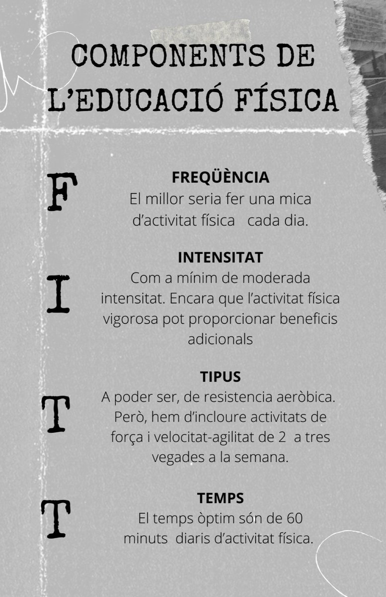 UibYaiza's tweet photo. FITT (freqüència, intensitat, temps i tipus) 

Aquests són els components de l’educació física. Una bon mètode de recordar els aspectes d’un pla d’AF òptim. 
 
Aquí vos deix els quatre components i els mínims que s’haurien de complir. 🤭🧘🏽‍♂️🍀

#22121_uib  @EFsaludable_UIB https://t.co/ufXAQ0cWa1