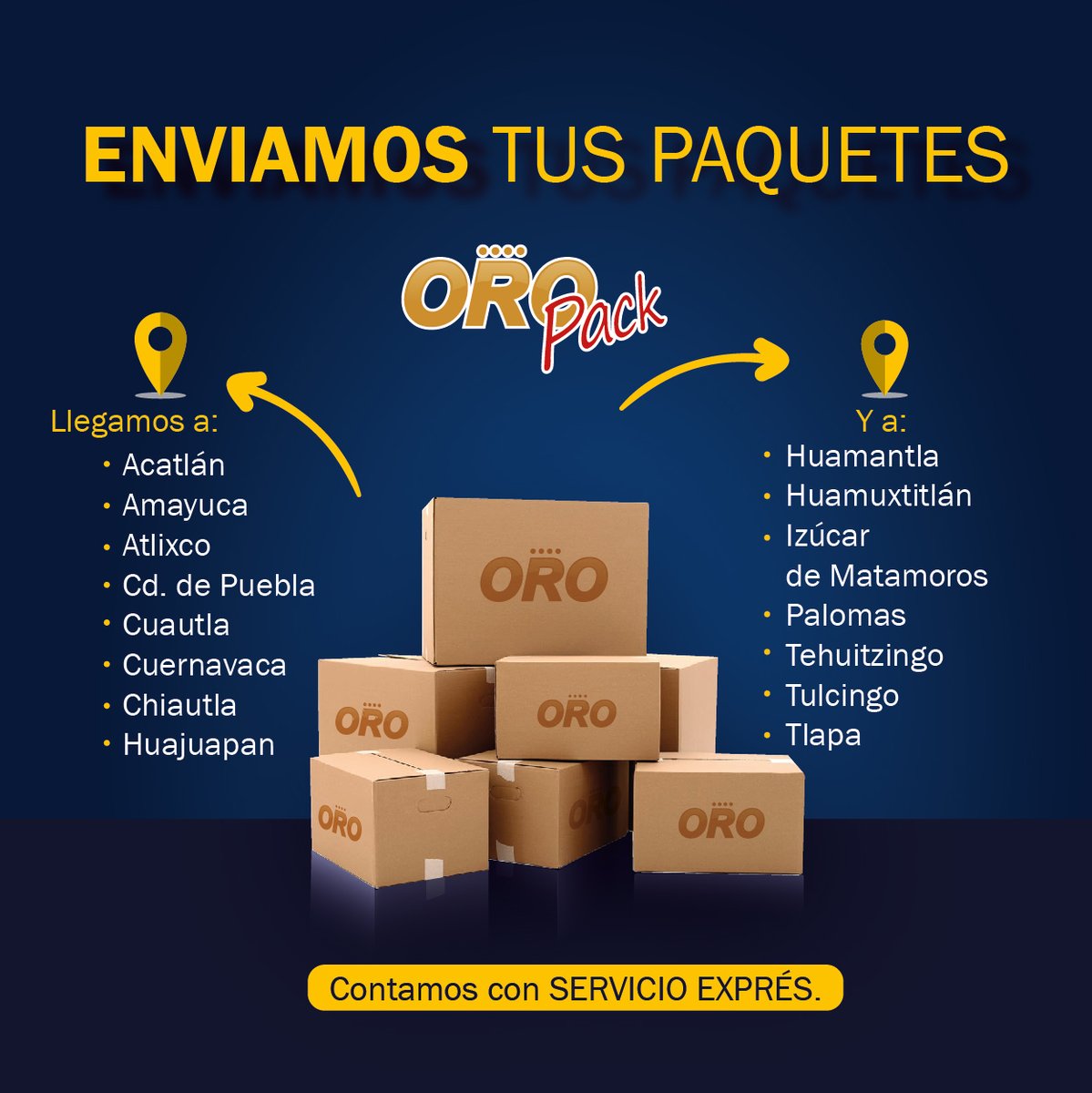 OroAutobuses's tweet photo. ¿Sabías que podemos llevar tus paquetes a todos estos puntos? Ahora que ya lo sabes...Esperamos tus paquetes 😉📦📦🚍
#OROPack #ServicioDePaquetería https://t.co/E0kDvNnmqt