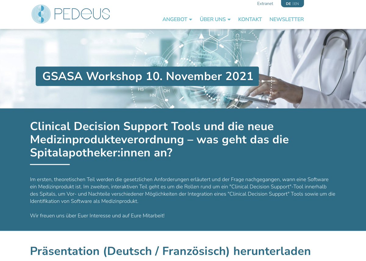 Das Thema „Regulatorische Anforderungen an #CDS-Tool wird uns auch in Zukunft beschäftigen. Am #GSASA-Workshop durften wir dazu referieren. Download der Dokumente:
pedeus.ch/de/gsasa-works…
#MDR