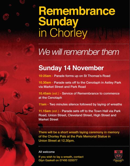 ChorleyCouncil's tweet photo. We will remember them 

This Sunday we are paying tribute to those who have lost their lives serving our country at our #RemembranceSunday service and everyone is invited to join us on this important day.

Official event page: https://t.co/DBi1ACotyT https://t.co/JF29P0VDlG