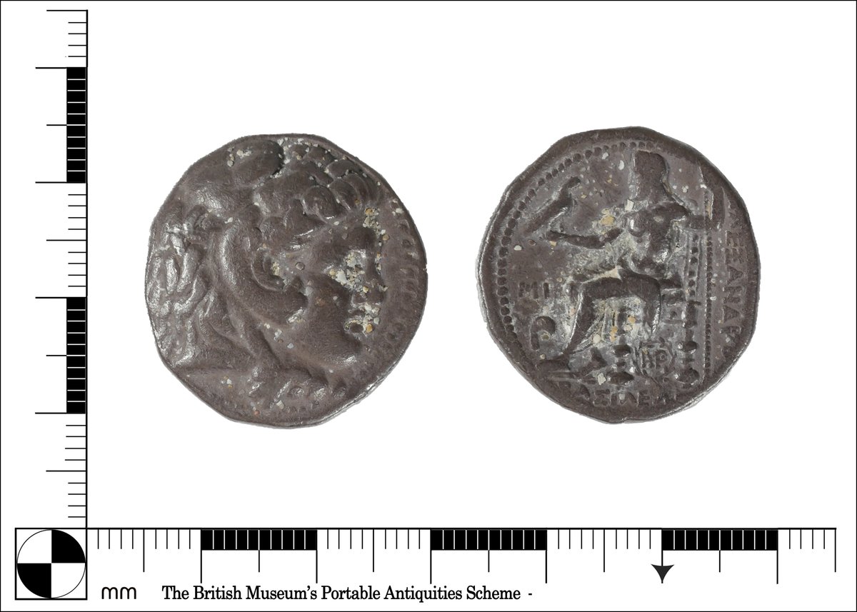 #FindsFriday is this incredible find! A silver tetradrachm of Alexander the Great (Alexander III, 356-323 BC). Not one I ever thought I would get a chance to record! 

Full record details here: finds.org.uk/database/artef…

#RecordYourFinds #ResponsibleDetecting #Archaeology #Cornwall