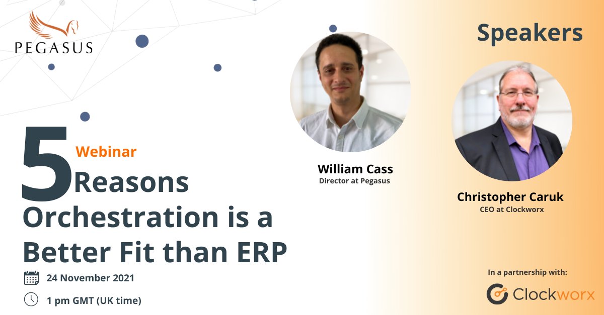 Pegasus is partnering with <a href="/Clockworx_com/">Clockworx Solutions</a> , an orchestration software solution company, to host a new webinar. 
Register today: bit.ly/3DbtJNU

#webinar #digitaltransformation #orchestration #investmentprotection #clockworx #pegasusvalue