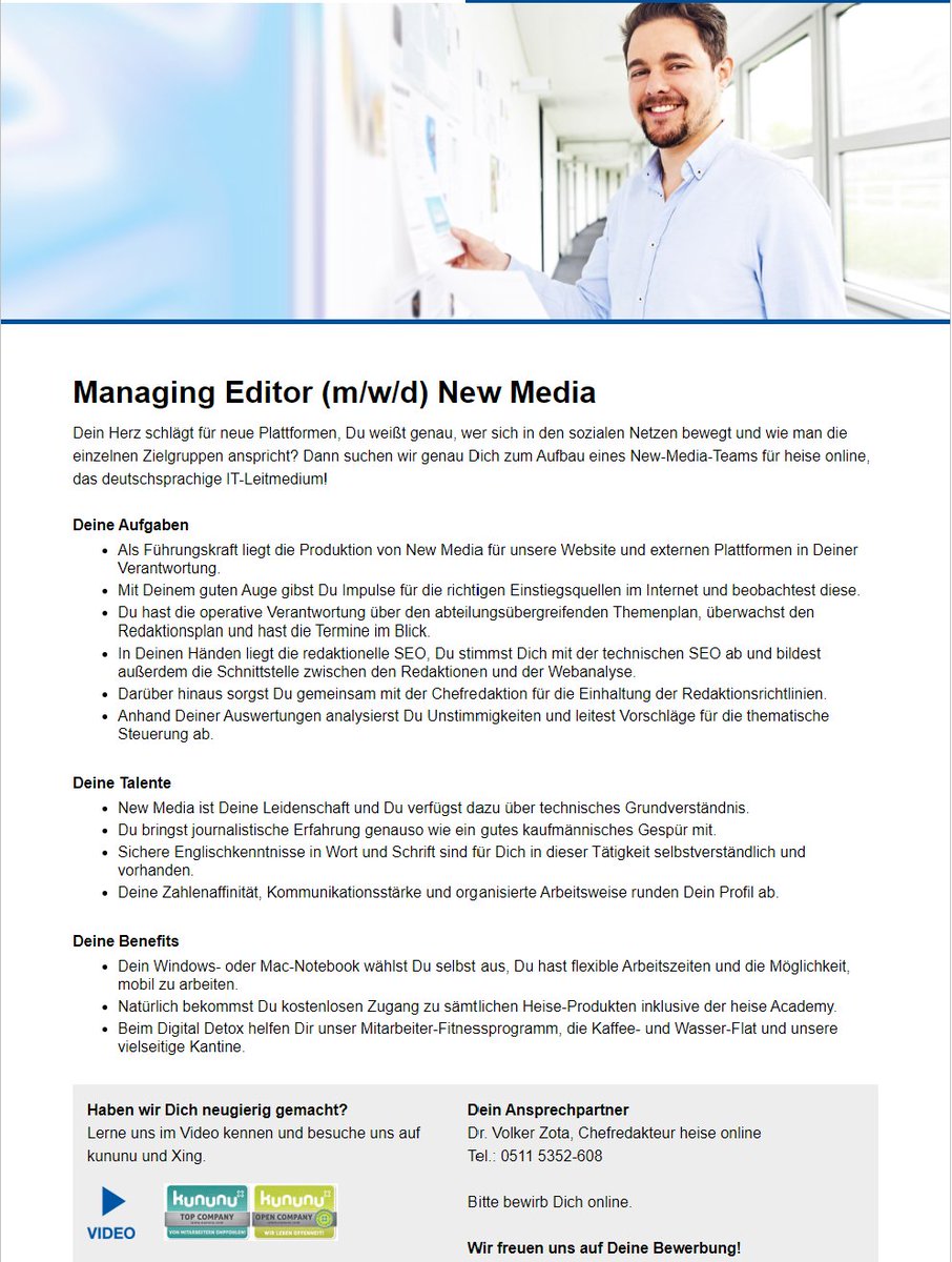Wir suchen übrigens noch ein Head of New Media (Audio, Video, Social) für das Führungsteam von <a href="/heiseonline/">heise online</a> - vielleicht kennt ihr ja wen. Dann gerne weiterleiten oder DM an mich. 

karriere.heise-gruppe.de/Managing-Edito…