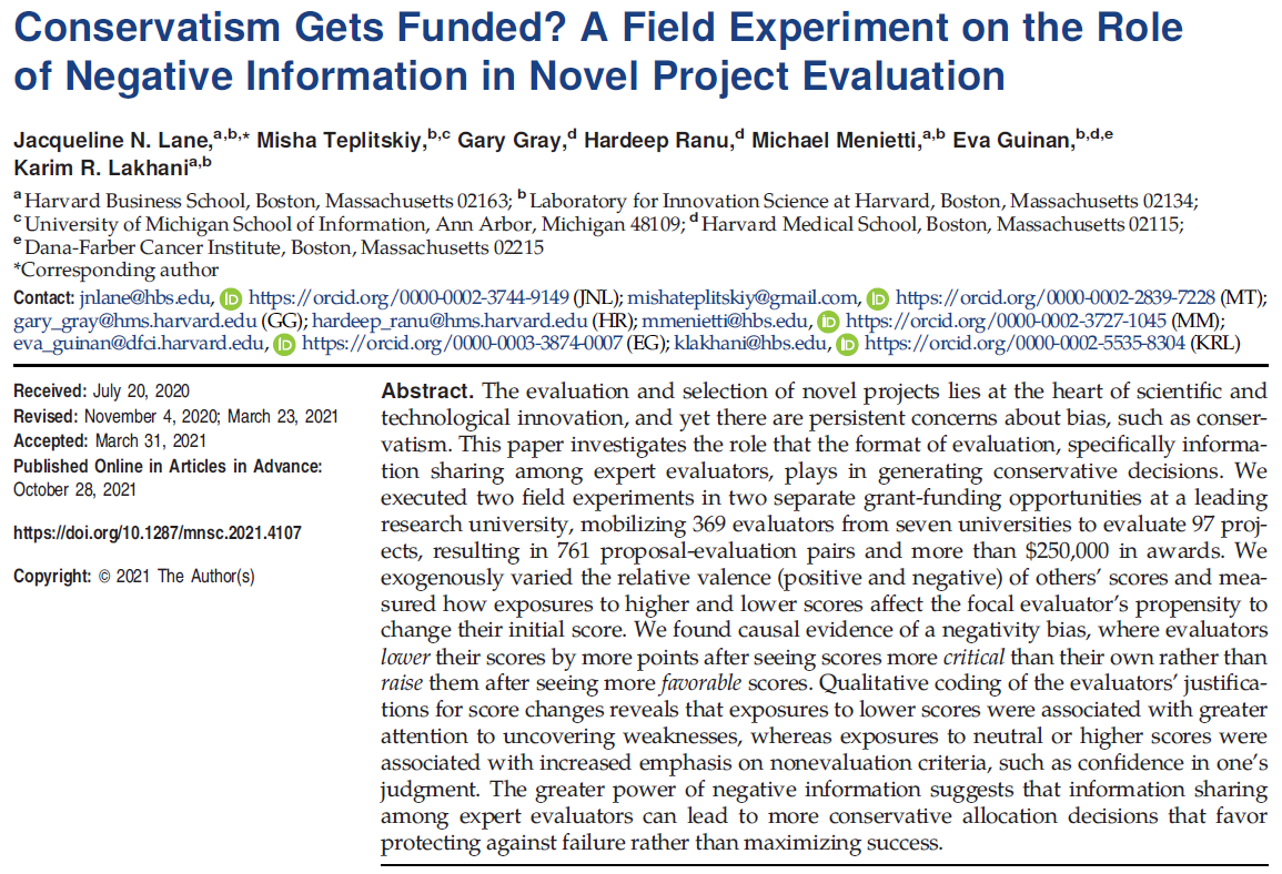 MishaTeplitskiy's tweet photo. Scientists say it's hard to get novel ideas funded. Lots of reasons why that might be (reviewers' cognitive biases, etc). @jackienlane @klakhani Gary, Hardeep, Michael, Eva and moi propose an *organizational* reason: group discussions. 

Wut??? A 🧵...

https://t.co/gutPCmbRKV https://t.co/O2fzpVsnb1
