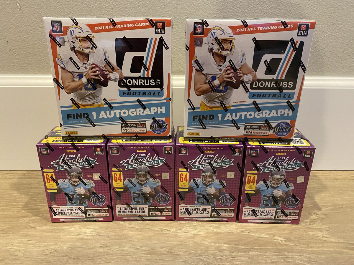 imperiumcard's tweet photo. 🚨Absolute/Donruss Mixer PYT 🚨 

2 Fanatics Exclusive Donruss Megas
4 Absolute Blasters

2 autos
304 total cards
Kaboom hunting/Downtown Hunting

SHIPPING INCLUDED. Teams start at $10

Breaks TODAY if filled 
@HobbyConnector @sports_sell https://t.co/CSkt1z1fZY