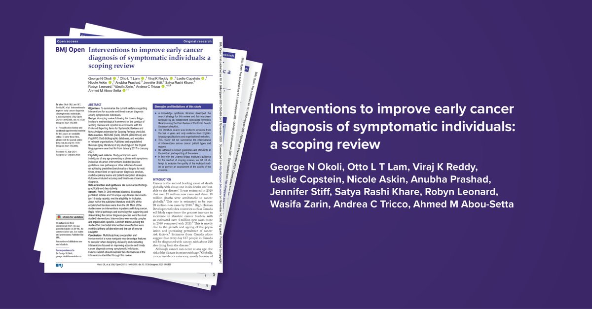 Hot off the press! Take a look at this <a href="/SPORAlliance/">SPOR Evidence Alliance</a> #scopingreview by @I_AM_AbouSetta and colleagues with <a href="/cancerstratCA/">Canadian Partnership Against Cancer</a> that looks at interventions to improve early #cancerdiagnosis for symptomatic individuals! bit.ly/3DcjRDE