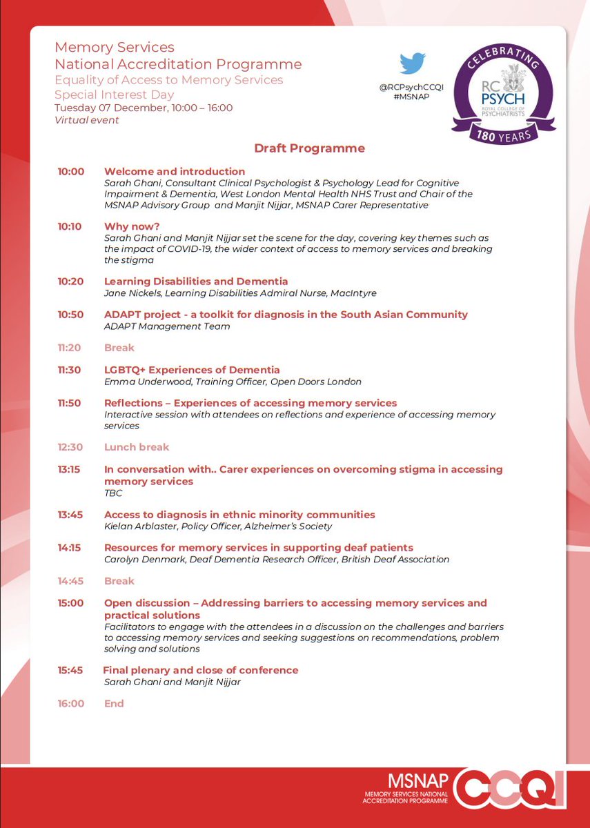 rcpsychCCQI's tweet photo. The draft programme for an upcoming event on Equality of Access to #MemoryServices has been released by our Memory Services National Accreditation Programme #MSNAP and it looks to be a fantastic day!

Register your place now: https://t.co/e7C31wVljp https://t.co/SB13CLV1Se