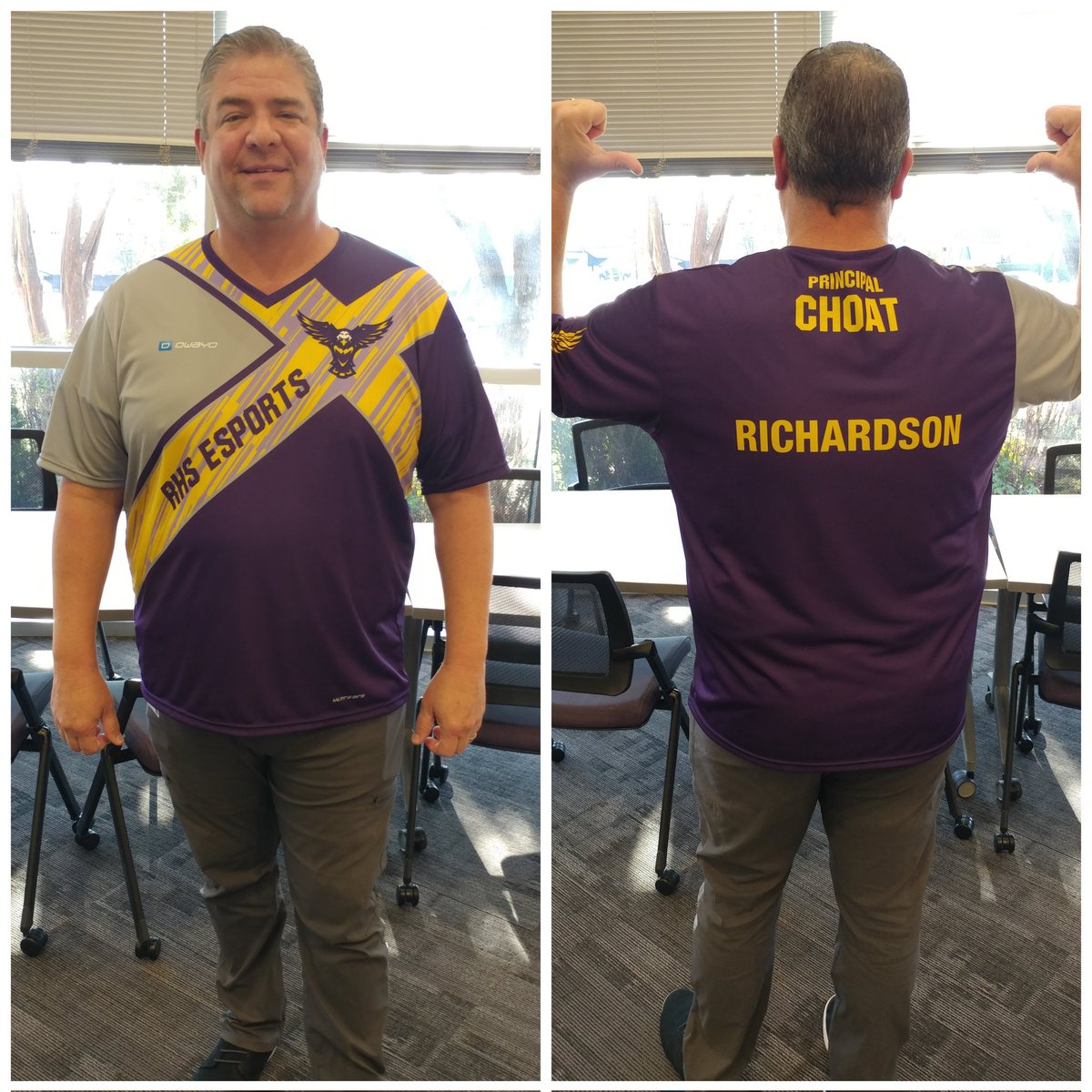 RHSEaglesEsport's tweet photo. Our amazing Principal @Choat311 representing @RHSEaglesEsport with his custom RHS Esports jersey by @owayo_esports! Let's go! 💪

#RHSEsports #RISDPowerOfLove #RISDGreatness https://t.co/anc7E7gat3