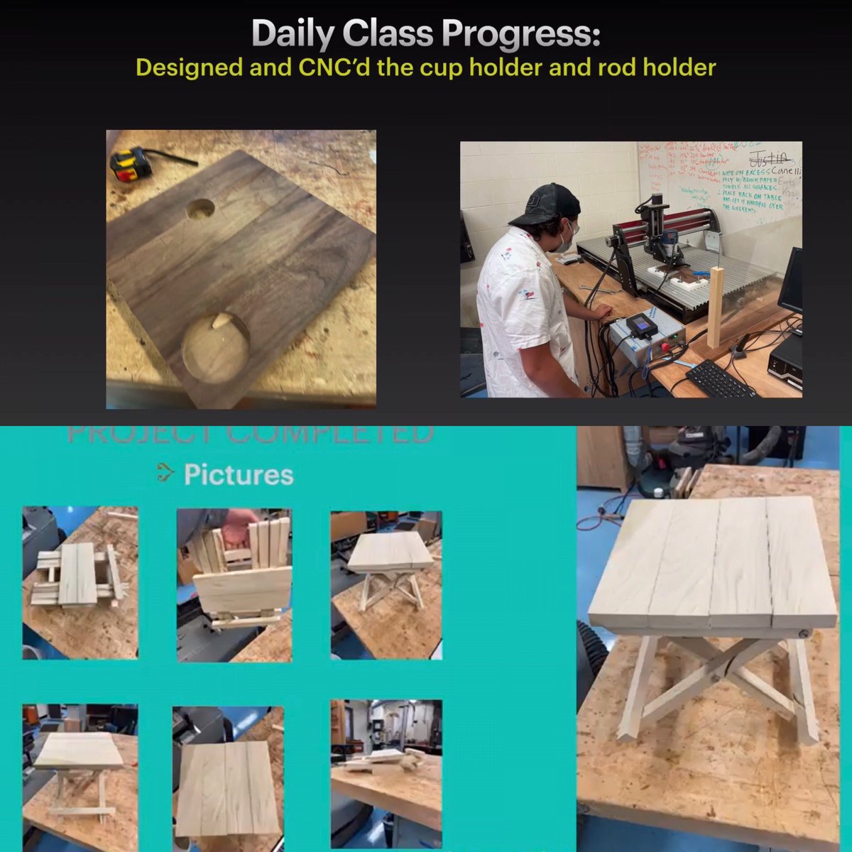 Ss finished their #woodworking 2 projects that focused on using #pythagoreantheorem making foldable tables, fun to see them take the #project and make it their own. Also seen is student using #cnc machine to customize their #design #Stem #iteea #cteea