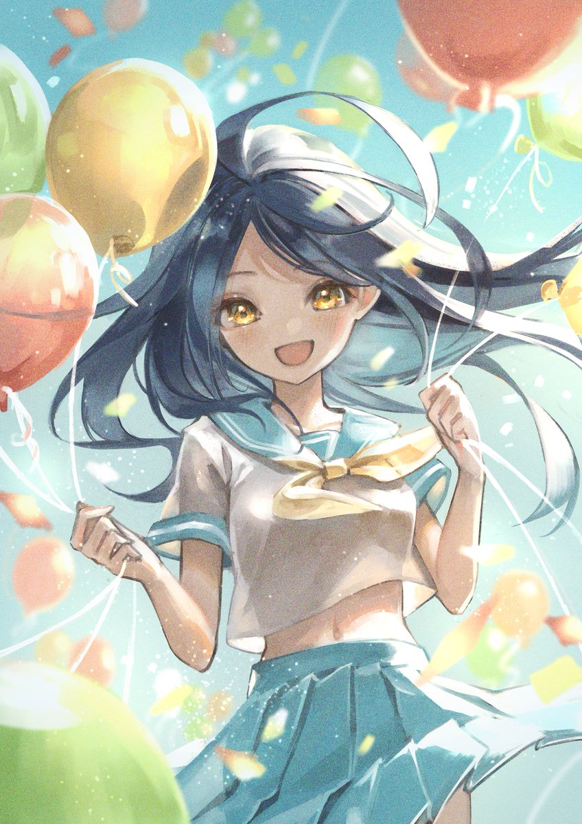 1girl solo balloon skirt school uniform smile blue skirt  illustration images