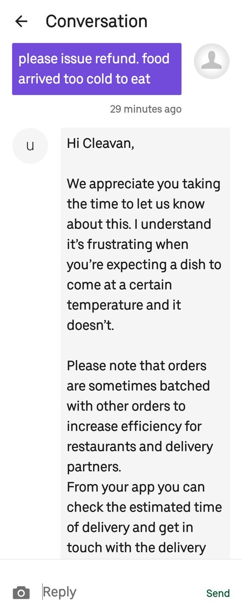 DJWeeksey's tweet photo. @UberEats your customer service Is shocking. My food arrived stone cold and your response to me is beyond a joke!! Please issue a refund immediately https://t.co/UuFRPDTyPg