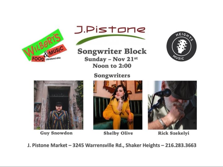 Shelby Olive and Guy Snowdon will be joining Rick Szekelyi for our next Songwriter Block at J. Pistone's One World Market on Sunday, November 21st from noon until 2:00.  Stop by for some lunch, or coffee and pastry, and original music.