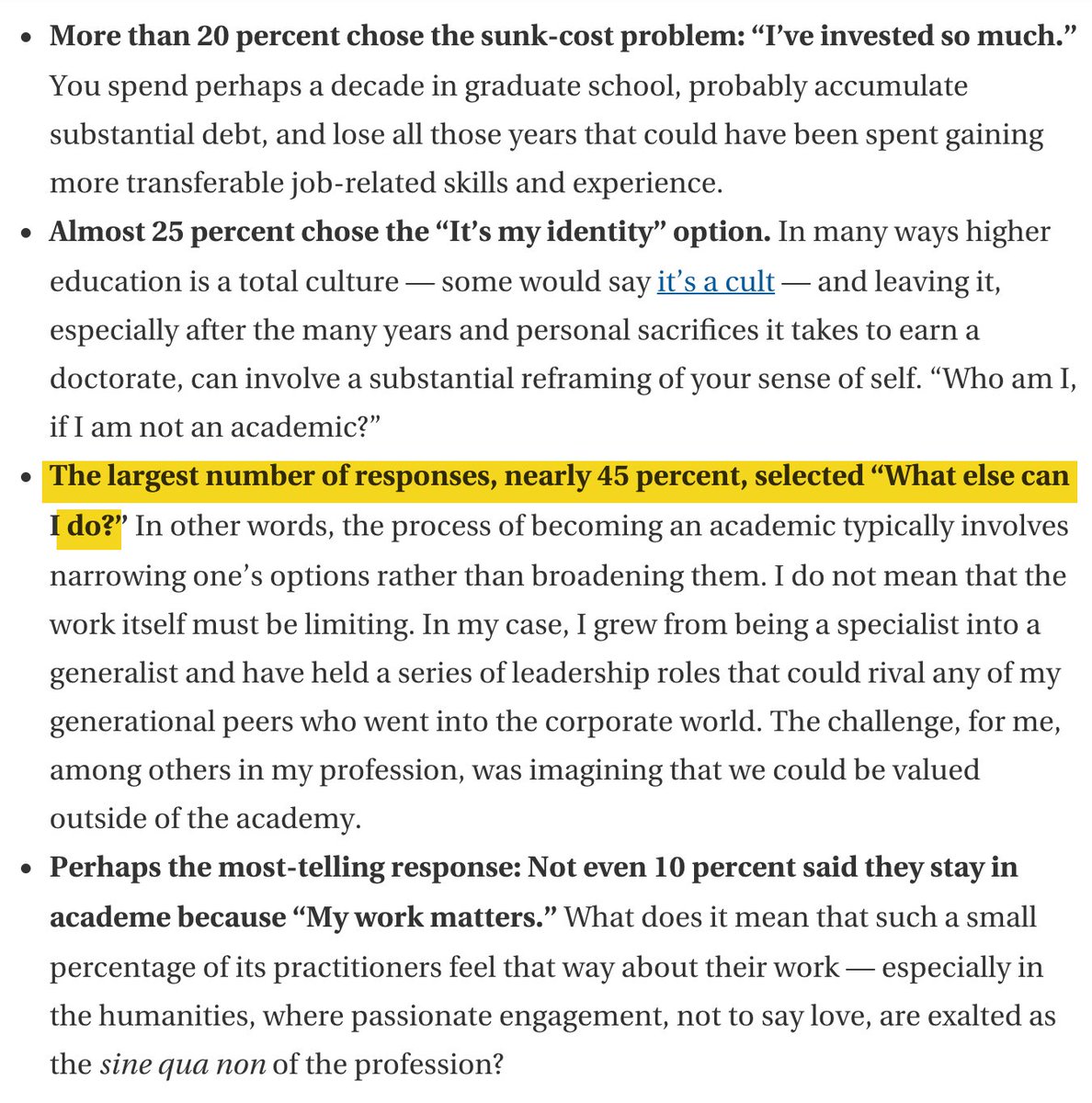 dkedrosky's tweet photo. Surveyed academics explain why they remain in academia:
10%: "My work is useful."
65%: "I have no other skills" or "My skills were expensive." https://t.co/vY7Kg71dz1