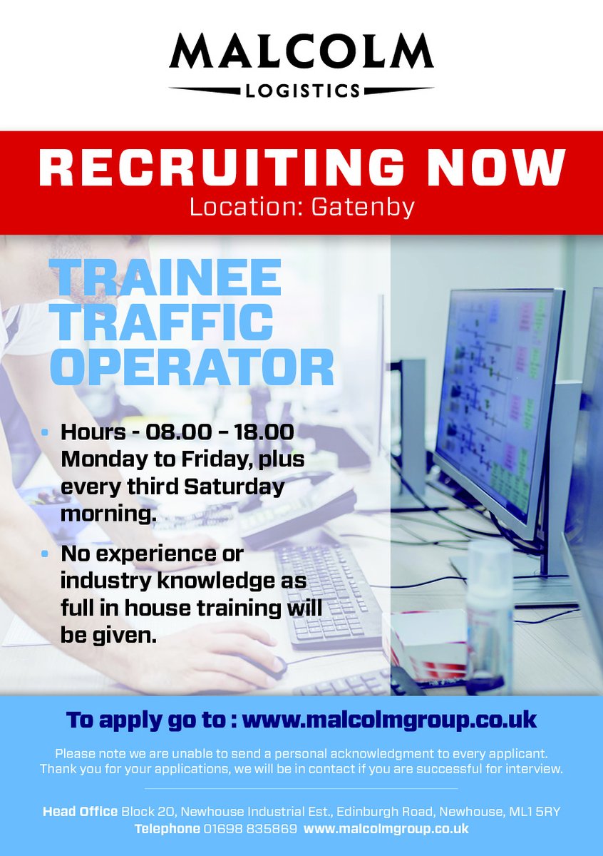 MalcolmGroup's tweet photo. Recruiting Now!!
The Malcolm Group are recruiting for a Trainee Traffic Operator to join our Gatenby Depot!
For more information or to apply please visit our website at the below link:
https://t.co/vMnBjtWJDq
#recruitingnow #trafficoperator #logistics #gatenby https://t.co/ocIc5UZF7d