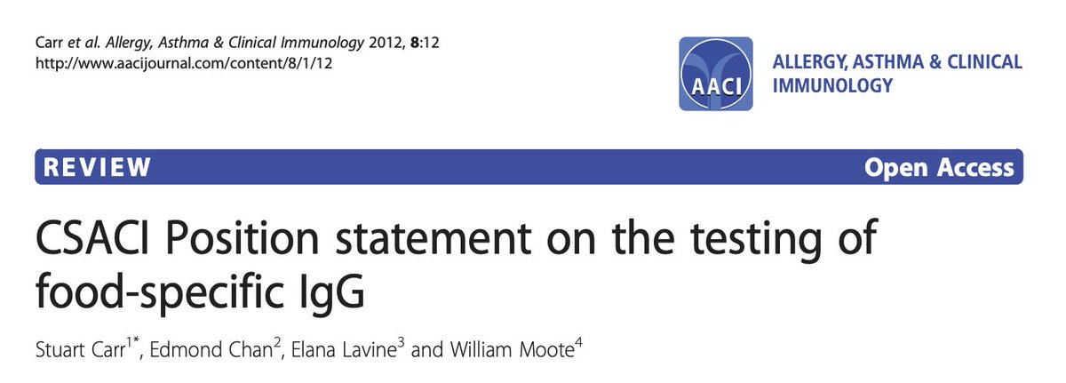 Food sensitivity testing is a billion dollar industry, yet these tests are not validated, do not actually diagnose anything, and can cause harm.

IgG antibody = memory &amp; tolerance, not 'sensitivity'

Professional societies across the world denounce them: aacijournal.biomedcentral.com/articles/10.11…
