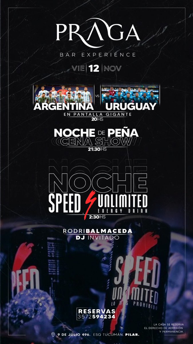 Noche triple en <a href="/PragaNightClub/">Praga Night Club</a> 🙌 20hs. Partido de Argentina en pantalla de LED gigante. 21y30hs. Peña cena show. 02y30hs. Noche SPEED con Rodrigo Balmaceda Bailalaaaaaa