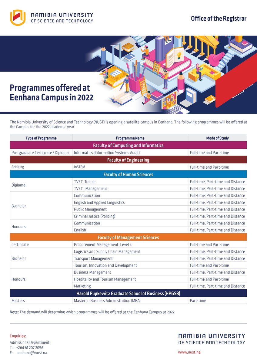 NUST_Namibia's tweet image. We're excited to announce that applications for #study at our #Eenhana Satellite Campus for 2022 are open!
Download the #application form via the link below:
nust.na/.../APPLICATIO…...
We can't wait to welcome you to our first satellite #campus in #Namibia!