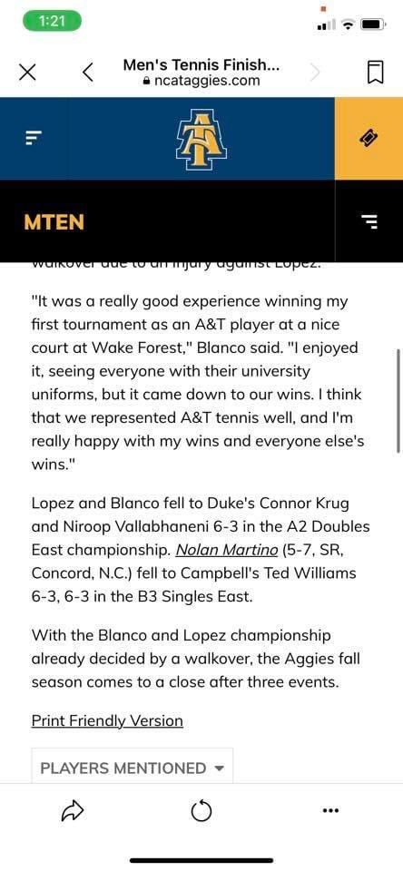 Hello Aggie supporters congratulations to the mens tennis team as they finish and have a successful season as champions. Congratulations Eder Blanco, Nolan Martino, and Esteban Lopez congratulations guys. Aggie Pride