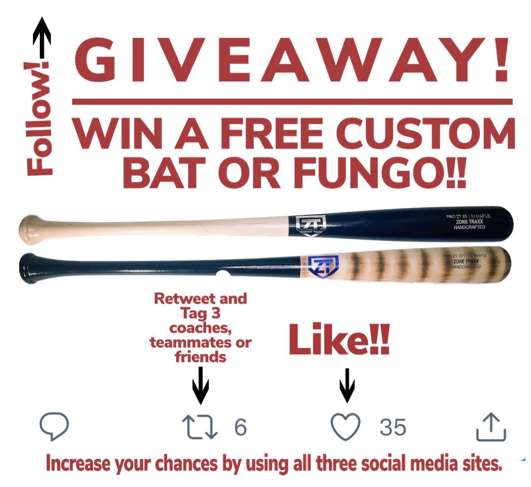 Zone_Traxx's tweet photo. 🚨 GIVEAWAY!🚨 Win a FREE CUSTOM WOOD BAT OR FUNGO❗ 

How to Enter: 
1. Follow Zone Traxx on this social media account. 
2. Like the post
3. Retweet and Tag 3 teammates, coaches, or friends.
4.Enter everyday until the WINNER IS CHOSEN AT RANDOM FRIDAY 11/19/21 @ 6pm. https://t.co/K4xsnlhQZH