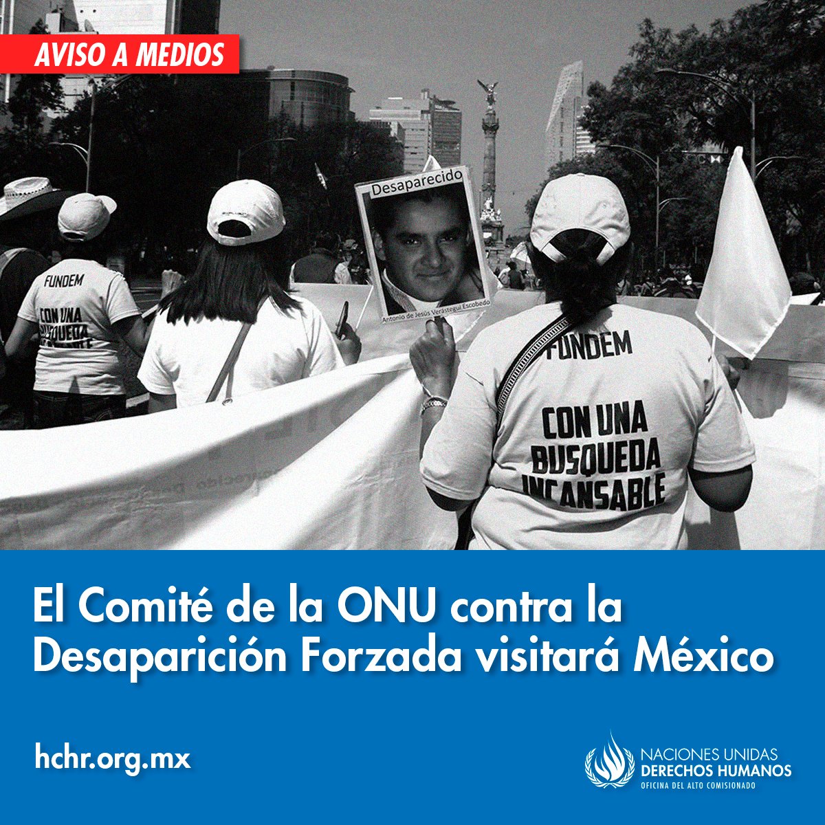 ONUDHmexico's tweet photo. 📢 AVISO A MEDIOS 📢

#CED: El Comité ONU contra la #DesapariciónForzada realizará su primera visita a México🇲🇽 del 15 al 26 de noviembre con el fin de identificar los medios para hacer frente a las desapariciones forzadas.

👉 https://t.co/6RO0Zmat9S https://t.co/gY0EWxOPt0