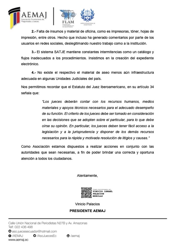 AsoJuecesEc's tweet photo. #AEMAJenAcción Estimados socios y ciudadanía compartimos el oficio enviado al @CJudicaturaEc mediante el cual hicimos conocer varios pedidos de compañeros jueces sobre las necesidades que afronta la función judicial y afectan al buen desarrollo de las actividades jurisdiccionales https://t.co/B4q9Iae0z5