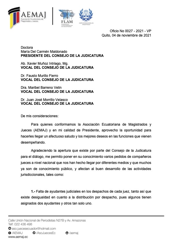 AsoJuecesEc's tweet photo. #AEMAJenAcción Estimados socios y ciudadanía compartimos el oficio enviado al @CJudicaturaEc mediante el cual hicimos conocer varios pedidos de compañeros jueces sobre las necesidades que afronta la función judicial y afectan al buen desarrollo de las actividades jurisdiccionales https://t.co/B4q9Iae0z5