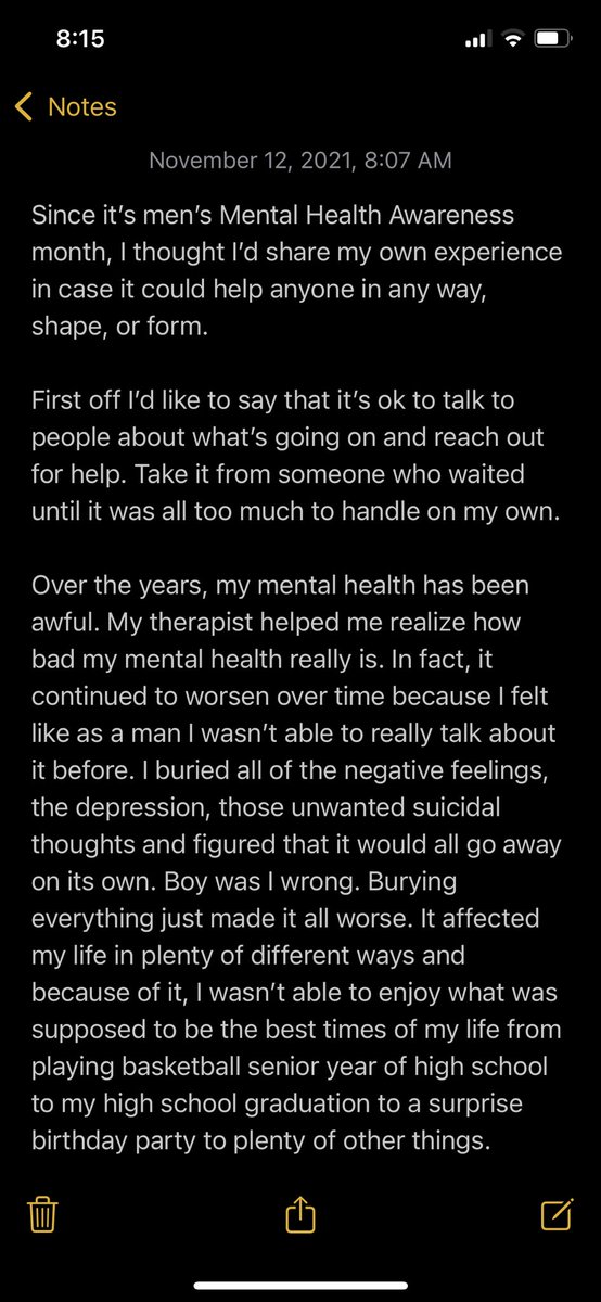 EddieC_08's tweet photo. Posted this on IG so I figured I’d share this on here as well. Because it’s Men’s Mental Health Awareness month, I thought that I’d share this. If everyone could take a few minutes out of their day to read this, then it would mean a lot. Thanks! https://t.co/LIuBHYgKsR