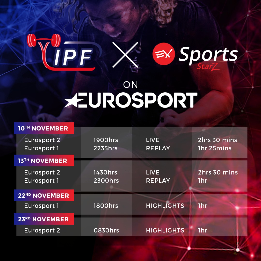 EX Sports are happy to be part of the IPF World Open Powerlifting Championships in Norway for the announcement of our exclusive partnership. More info coming soon. Be sure to watch the event on Eurosport, GMT times in the image or visit eurosport.com for local timing