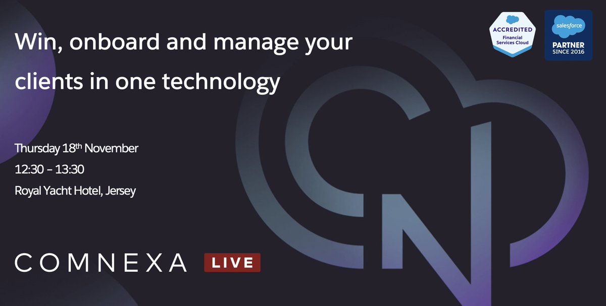 Accelerate transformation and build trusted relationships with clients and intermediaries.

Join us in #JerseyCI next Thursday <a href="/TheRoyalYacht/">The Royal Yacht</a> to see why #FinancialServicesCloud is the ideal technology for winning, onboarding and managing your clients:
bit.ly/3Hha3uh